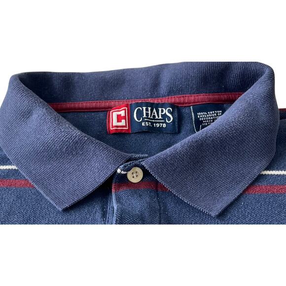 CHAPS SHORT SLV PULL-OVER POLO, MENS, XL, NAVY BLUE WITH RED & WHITE PINSTRIPES - Picture 2 of 12